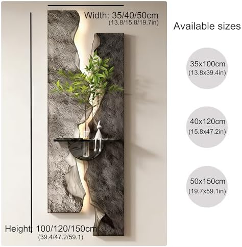 3D Textured Sandstone Wall Art with LED Light and Hydroponic Vase, Modern Framed Abstract Sculpture Wall Decor for Living Room Bedroom for Apartment Office Entryway(Grey-B,40x120cm (15.8x47.2in)) - Image 3