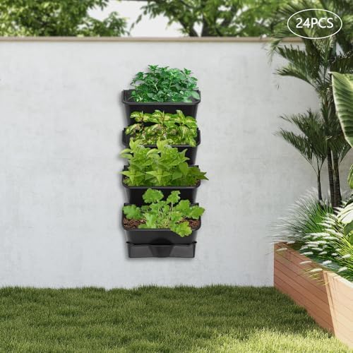 Wall-Mounted Vertical Garden Planter Set – 24 Self-Watering Planters with Drainage Pipe, Stackable Wall Planters for Indoor & Outdoor Use (Black, 24PCS) - Image 3