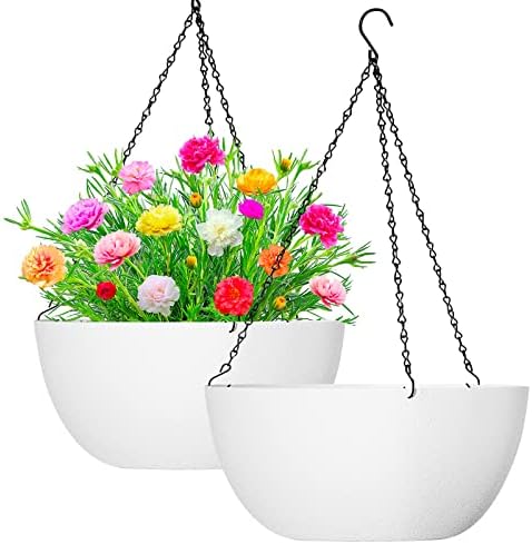 WOUSIWER 13 inch 2Pack Large Hanging Planters for Outdoor Indoor Plants with Drainage Holes and Chain, Round Hanging Flower Pots for Garden Home Porch Decor, White by Wousiwer