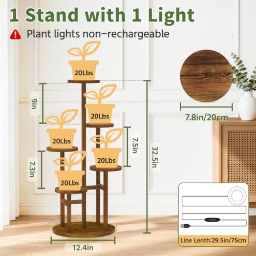 LASZOLA Wood Small Plant Stand Table Indoor Tall with Lights, 5 Tier Brown - Image 2