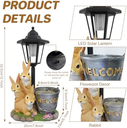 Outdoor Rabbit Garden Statues with Solar Lantern Flowerpot- Bunny Figurine Rabbit Decor for Home Lawn,Balcony Yard Art Garden Patio Decor,Unique Housewarming Birthday Gifts for Women Mom - Image 2