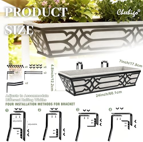Window Planter Box, Railing Planter Box with Non-Woven Fabric Liners, 4 Pack 24" Hanging Flower Baskets for Outdoor Plants, Metal Deck Railing Planters with Adjustable Brackets, Apartment Balcony - Image 3
