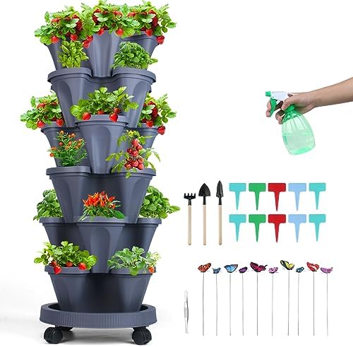 GameXcel Vertical Planter Tower - 6 Tier Stackable Garden Planters with Wheels and Garden Tool Set Plant Pots for Strawberry Herb Flower and Vegetable Indoor Outdoor Use Dark Gray by GameXcel