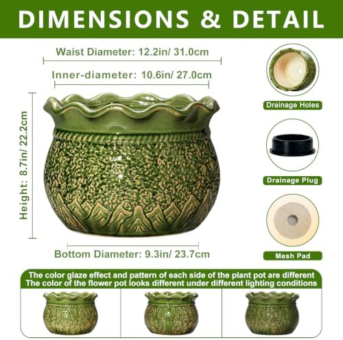 Ceramic Flower Pots, 12 Inch Planter with Drainage, Crack Green - Image 2