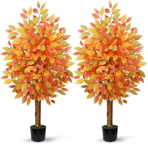 GTIDEA 2 Pcs 4 ft Artificial Autumn Ficus Tree with Pot Fall Tree for Porch by GTIDEA