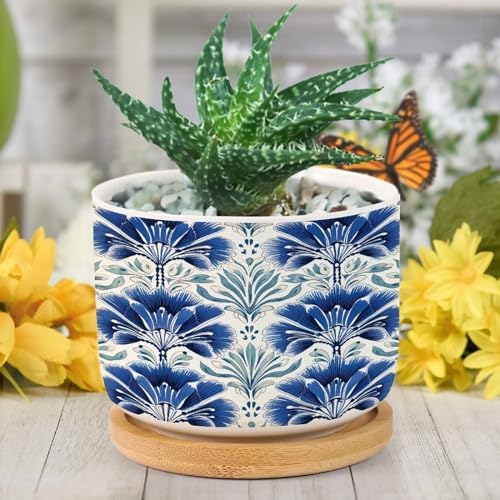 Chinoiserie French Cairo Planter Ceramic Blue and White Floral Round Plant Pots with Drainage Holes and Bamboo Tray Pot for Pots Outdoor Indoor Plants - Image 6