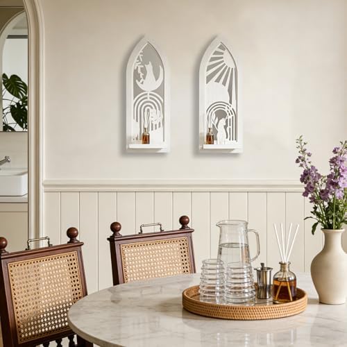 ZEXUIRU 2 Set Rustic Candle Sconces Living Room Bedroom Entryway Wood Mirrored, Farmhouse, Carved Frame Wall-Mount Wooden Candle Holders Wall Decor Hanging Handmade Holder - Distressed White - Image 3