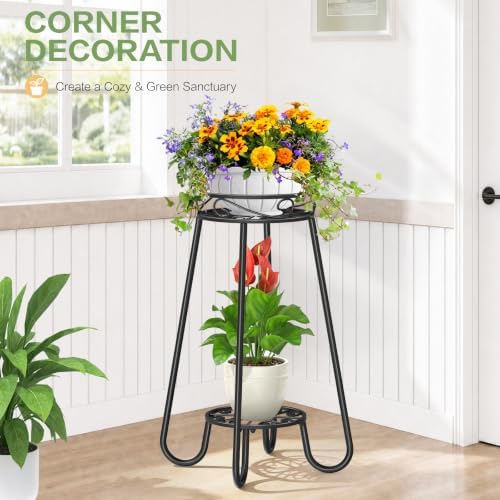 2 Tier 27.2 Inch Tall Corner Plant Stand Indoor Outdoor, Black 4 Leg - Image 5