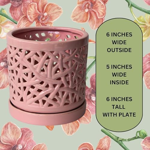 Pink Large Ceramic Orchid Pot with Holes, 6 Inches Wide, for Indoors or Outdoors with Woven String Cut Out Design, Orchid Planters, Orchid Gifts - Image 3
