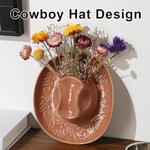 Hanging Wall Planters for Indoor Plants, Wall Vases for Flowers, Ceramic Cowboy Hat Vases for Decor, for Bathroom, Living Room, Office, and Home Decor. Brown - Image 5