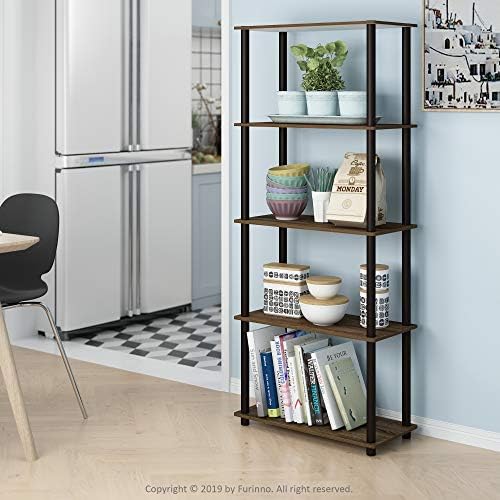 Furinno TURN-N-TUBE Storage Shelves, 5-Tier Book Shelf, Corner Shelf, Toolless Open Shelves, for Organization and Storage, Living Room, Garage, Home Office, Walnut - Image 2