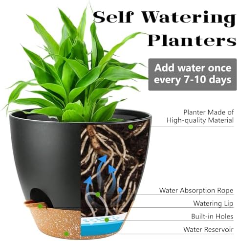 Large Self Watering Planters Plant Pots Outdoor 9/10/12 Inch for All House Plants Black Plastic Flower Pots with Drainage Hole Flower Pots for Indoor Plants Gift Idea for Home Decor - Image 3