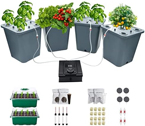 4 Hydroponic Buckets Kit for Plants, Hydroponics Growing System for Herbs/Tomato/Vegetables, DWC System with Air Pump & Germination Tray (Complete Indoor Hydroponic Gardening Supplies) by LAWNFUL