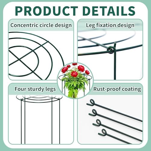 4 Sets Peony Support Cage,24"Diax32"High Heavy Duty Metal Plant Support,Grow Through Hoops Grids with 4 Thickened 6mm Legs,Strong Support Brace for Heavy Blossoms,Flower Support Ring for Peonies,Rose - Image 3