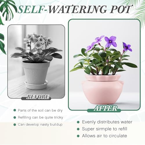 6.3 Inch African Violet Pots, Pink Self Watering Pot for Indoor Plants, Ceramic Easy Plant Self Watering Pot for Thriving Plant Flower Maintenance - Image 4
