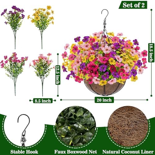 2 Sets Artificial Hanging Plants Flowers Basket Outdoor, Fake Hanging Plants 24 Pcs Flowers for Porch Patio Garden Home Decor for Spring Summer (Red, Purple, Yellow, Rose Red) - Image 2