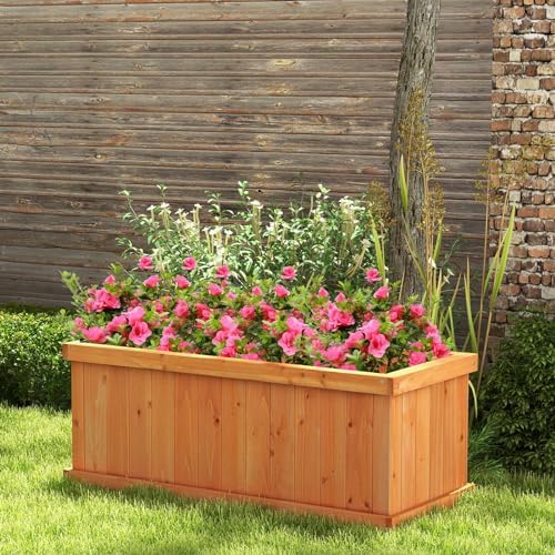 GIANTEX Raised Garden Bed, 31”x14”x12” Wooden Planter Box with 4 Drainage Holes & Detachable Bottom Panels, Elevated Flower Bed, Rectangular Plant Container for Vegetables, Herbs & Fruits, Orange - Image 2