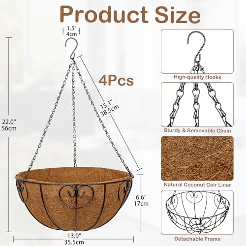 14 inch Metal Hanging Baskets for Plants Outdoor, 4 Pack Metal Wire Hanging Basket Planter with Coco Liner Flower Pots for Indoor Outdoor Garden Porch Patio, Heart-Shaped - Image 3