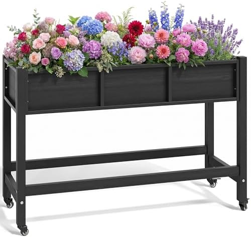 YITAHOME Raised Garden Bed HDPE, 47x18x31 in Raised Planter Box with Legs Poly-Wood Weather-Resistant Elevated Planter Box with Lockable Wheels for Vegetables, Black by YITAHOME