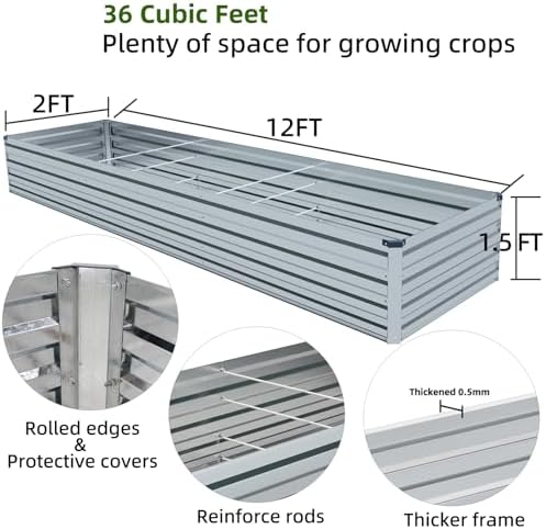 Meberam 12x2x1.5FT Galvanized Raised Garden Beds Kit Large Outdoor Metal Gardening Planter Box for Vegetable Elevated Flower Herbs, Silver - Image 2