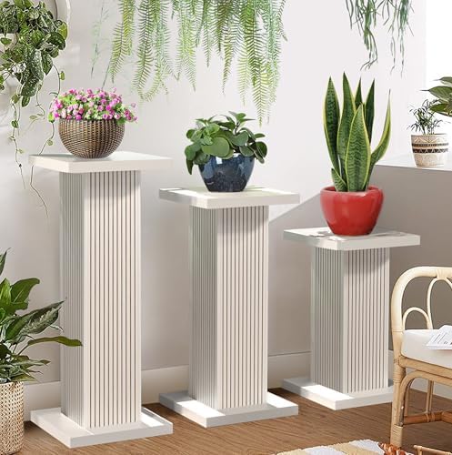 Fsbecl 3Pcs White Fluted Square Wooden Plant Pedestal Display Stands by Fsbecl