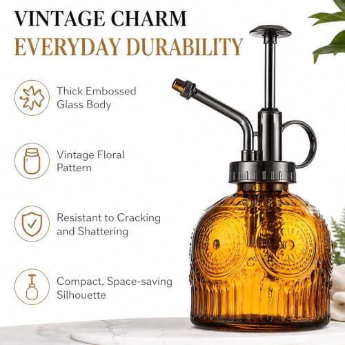Vintage Glass Spray Bottle with Metal Pump – Retro Embossed Plant Mister, Thick Clear Glass Water Sprayer for Indoor Plants & Home Decor, Refillable Fine Mist Sprayer (3PCS) - Image 5