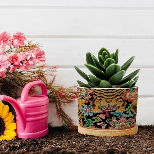 Chinoiserie Tiger Planter Ceramic Green and Turquoise Tiger Stripe Round Flower Pots with Drainage Holes and Bamboo Tray Pot for Pots Outdoor Indoor Plants - Image 5