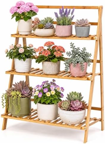 COSTWAY Bamboo Plant Stand, Foldable Multifunctional Flower Display Ladder Shelf, 3-Tier Storage Rack by COSTWAY