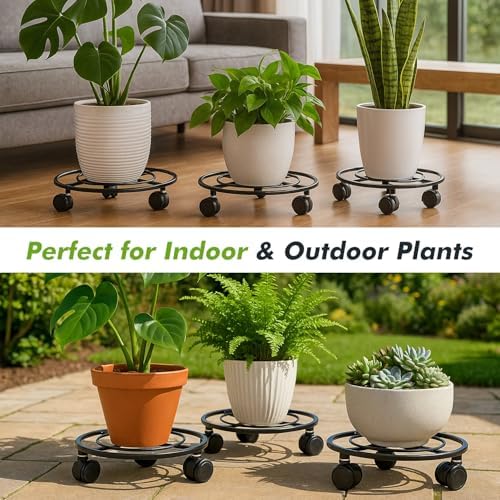 Planterhoma 3 Packs Large Metal Plant Caddy 13.5" Heavy-duty Plant Dolly with Wheels Iron Rolling Plant Stand with Casters Indoor Outdoor Plant Pot Movers Rollers Coaster Trolley, Black - Image 7