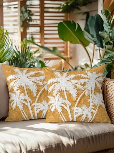 Throw Pillows 16x16 Set of 2, Tropical Palm Tree Waterproof Outdoor Pillow Covers with Insert, Vintage Orange Exotic Botanical Plants Decorative Pillowcase Cushion for Patio, Garden, Couch, Sofa, Bed - Image 2