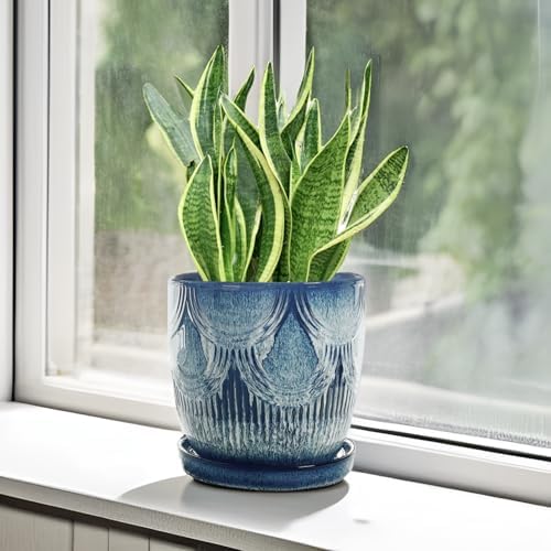 Plant Pots Indoor, Ceramic Planter, 6in Plant Pot, Plant Pots with Drainage Holes and Saucers, Flower Pots for Indoor Plants, Reactive Glaze Blue - Image 4