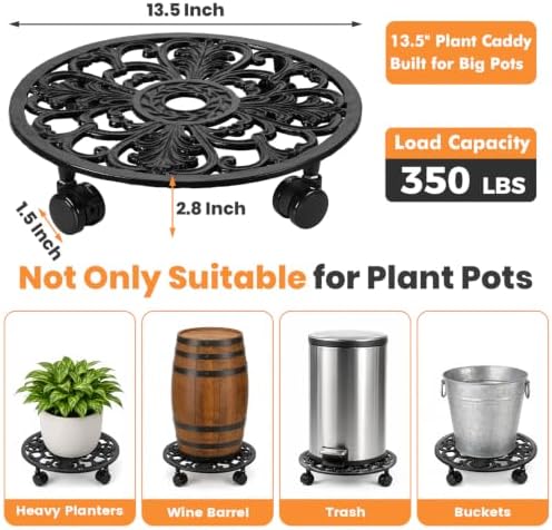 13.5 Inch Plant Caddy with Wheels Heavy Duty Cast Iron Plant Stand with Wheels, Metal Plant Dolly with Locking Wheels, Flower Pot Mover for Heavy Pots, Indoor Outdoor Rolling Planter Stand, 1 Pack - Image 4