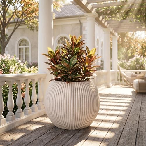 16" Sphere Fluted Outdoor Planter, Off-White,Modern Round Plant Pot - Image 5