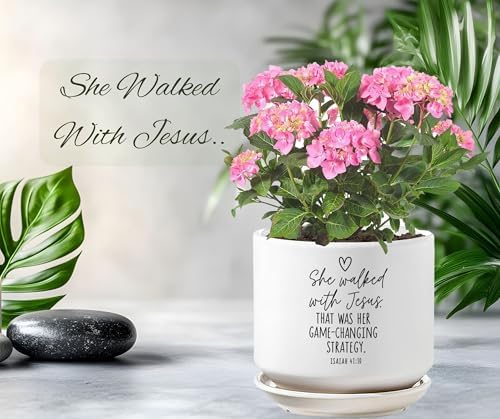 Lighthouse Christian Products She Walked with Jesus - 5 x 5.5 White and Black Ceramic Standing Planter - Faith Home Accent - Christian Gift for Plant Lovers - Image 2
