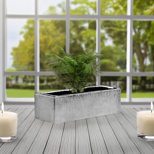 WGVI Long Rectangle Ceramic Planter Vase in Silver Etched 14" x 4" x 4"H, Rectangular Box Block Terrarium Pot, Flower Arrangement, Tabletop Centerpiece, Home Décor, Storage Container, 1 Pc. - Image 3
