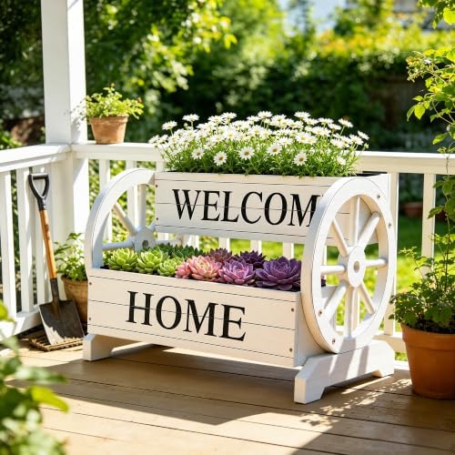 24" White 2-Tier Wooden Flower Cart Wagon Planter with Wheels - Image 4