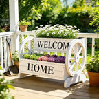 24" White 2-Tier Wooden Flower Cart Wagon Planter with Wheels - Image 4