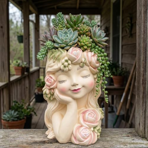 Elenon 9'' High Girl Face Planter Resin Succulent Pot by ELENONSTATUE