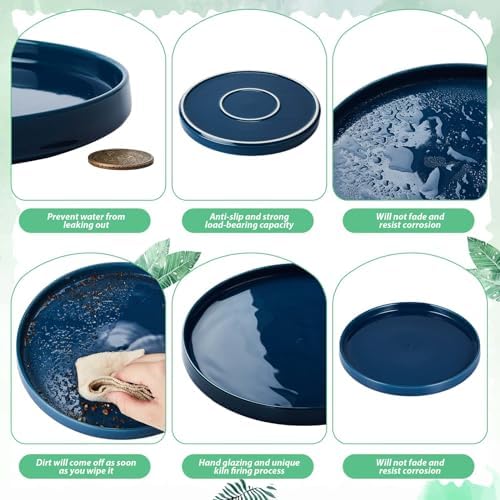 2 Pcs 10 Inch Ceramic Plant Saucers, Blue Round Drip Trays - Image 5