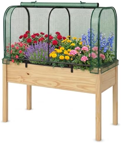 Giantex Raised Garden Bed with Cover, Wood Elevated Planter Box with Legs & Mini Greenhouse, Waterproof Sun-Protective PE Green House Cover, Outdoor Use for Fruit Vegetable Flower Herb (Green+Natural) by Giantex