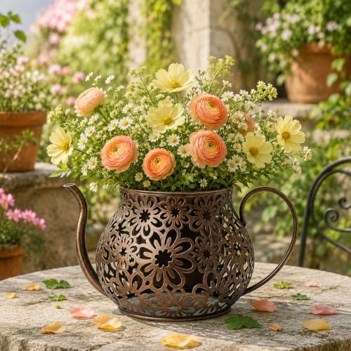 Antique Metal Teacup Planter for Outdoor Plants Teapot Planter Floral Hollow Out Decorative Rustic Iron Flower Pot for Summer Garden Patio Home Decor (Bronze) - Image 2