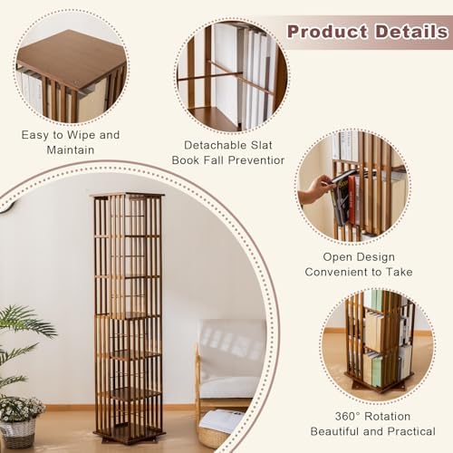 SOBIBO Bamboo Rotating Bookshelf Tower, 360° Spinning Bookcase, 6-Tier Narrow Floor Standing Storage Rack for Corner, Office, Room (Walnut) - Image 4
