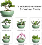 SQOWL Bonsai Planter - 8 Inch Ceramic Succulent Planters for Indoor Plants Outdoor, Shallow Round Planter with Drainage Hole and Saucer, Ceramic Bowl Planters, Home Decor, Birthday Gifts, Green - Image 7