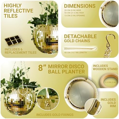Bubblegum Stuff - Gold Disco Ball Hanging Planter for Indoor Plants - 8 Inch Basket With Chain, Rim, Herb Planter - Boho Decor Plant Pots for Room Decor - Image 3