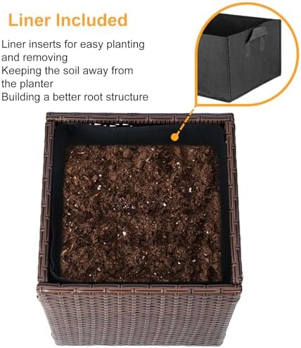 SUNNYPARK Set of 2 Large Square Planter with Removable Liner, All-Weather PE Rattan Modern Planters Indoor Outdoor Flower Plant Pots Garden Box Patio Yard Front Porch Deck - Image 4