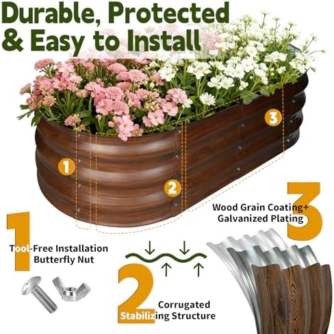 Galvanized Raised Garden Bed Outdoor, Large Raised Bed for Gardening, 2Pcs 4x2x1ft Oval Metal Planter Box for Vegetables, Fruits, Flowers, Dark Brown Wood Grain - Image 2