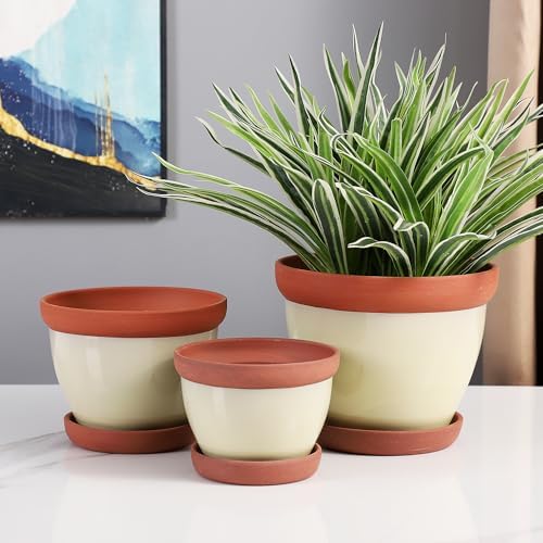 Yishang Glazed Terracotta Pots with Saucers, Set of 3, 5", 6", and 7" Sizes, Ceramic Clay Planter Pots with Drainage Holes - Yellow - Image 6