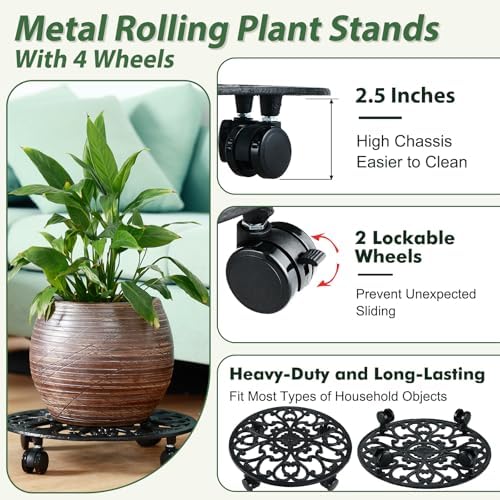 3 Pack 14 In Rolling Plant Stand with Wheels Metal Plant Caddy with Wheels - Image 3