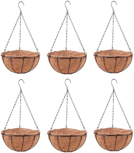 LaLaGreen Large Hanging Baskets (16 in, 6 Pack) Black Metal Coco Liner Pots by L%C3%A1L%C3%A1Green