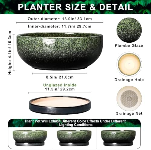 Bonsai Tree Pots 13 Inch, Ceramic Succulent Pots, Speckle Green - Image 2